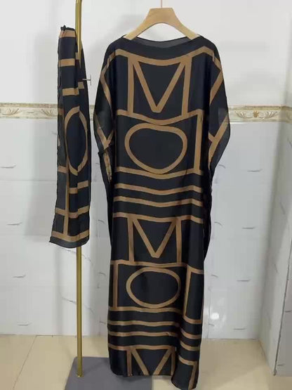 Plus Size Geometric Print Kaftan Dress - Flattering Modest Crew Neck, Comfortable Short Sleeves, Flowy Maxi Silhouette - Designed for Curvy Women, Plus Size Clothing for a Confident Fit, Party Dress|Geometric Print|Comfortabl