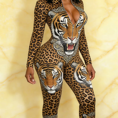 Ladies' Four-season Long-sleeved Sexy Jumpsuit, Front Zipper Design, Light Style, Fashionable Full-print, Perfect for Daily Outings and Casual Wear, Fashionable and Sexy Outfit -G077