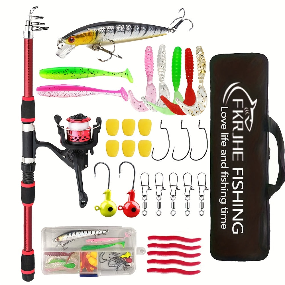 Complete 70.87 Inch Fishing Rod Set, Beginner Sea Casting, Pre-Loaded with Fishing Line, Including Telescopic Rod, Bait Kit with Portable Fishing Gear Bag, Fishing Reel, Mino, Soft Bait, Etc., Suitable for Traveling, Saltwate