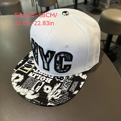 Unisex Flat Brim Snapback Baseball Cap | Black and White New York Pattern Print, 100% Acrylic Breathable Hip-Hop Hat, Adjustable Fit, Suitable for Casual Outdoor Sports, Parties, and Urban Streetwear