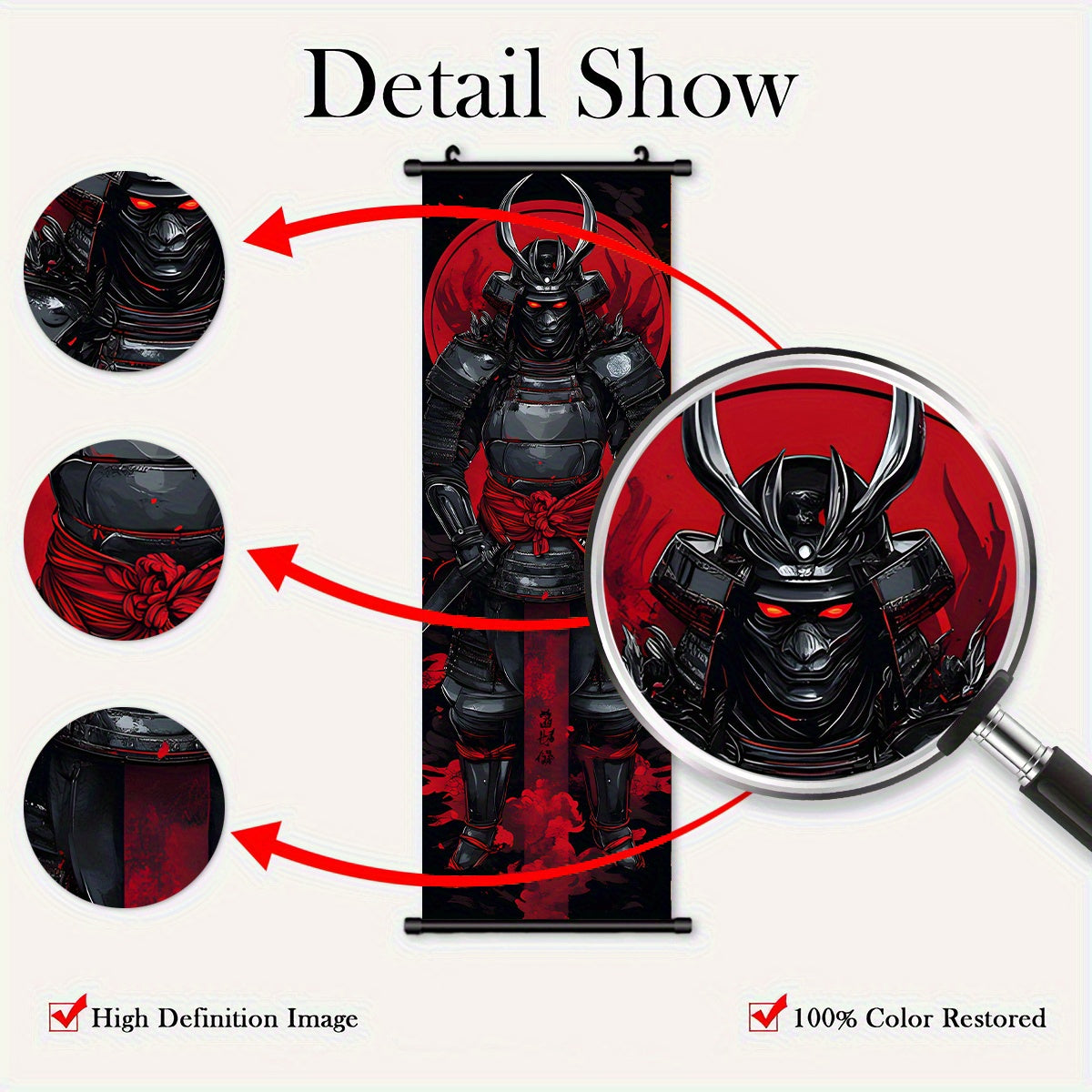 Black and Red 3pcs Set of Japanese Samurai Battle Scroll/Hanging Scrolls, Oriental Classical Style Decorative Art with Armor & Weapon Elements, Symmetrical Composition and Metal Ornament Details, Suitable for Living Room, Tea