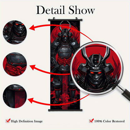 Black and Red 3pcs Set of Japanese Samurai Battle Scroll/Hanging Scrolls, Oriental Classical Style Decorative Art with Armor & Weapon Elements, Symmetrical Composition and Metal Ornament Details, Suitable for Living Room, Tea