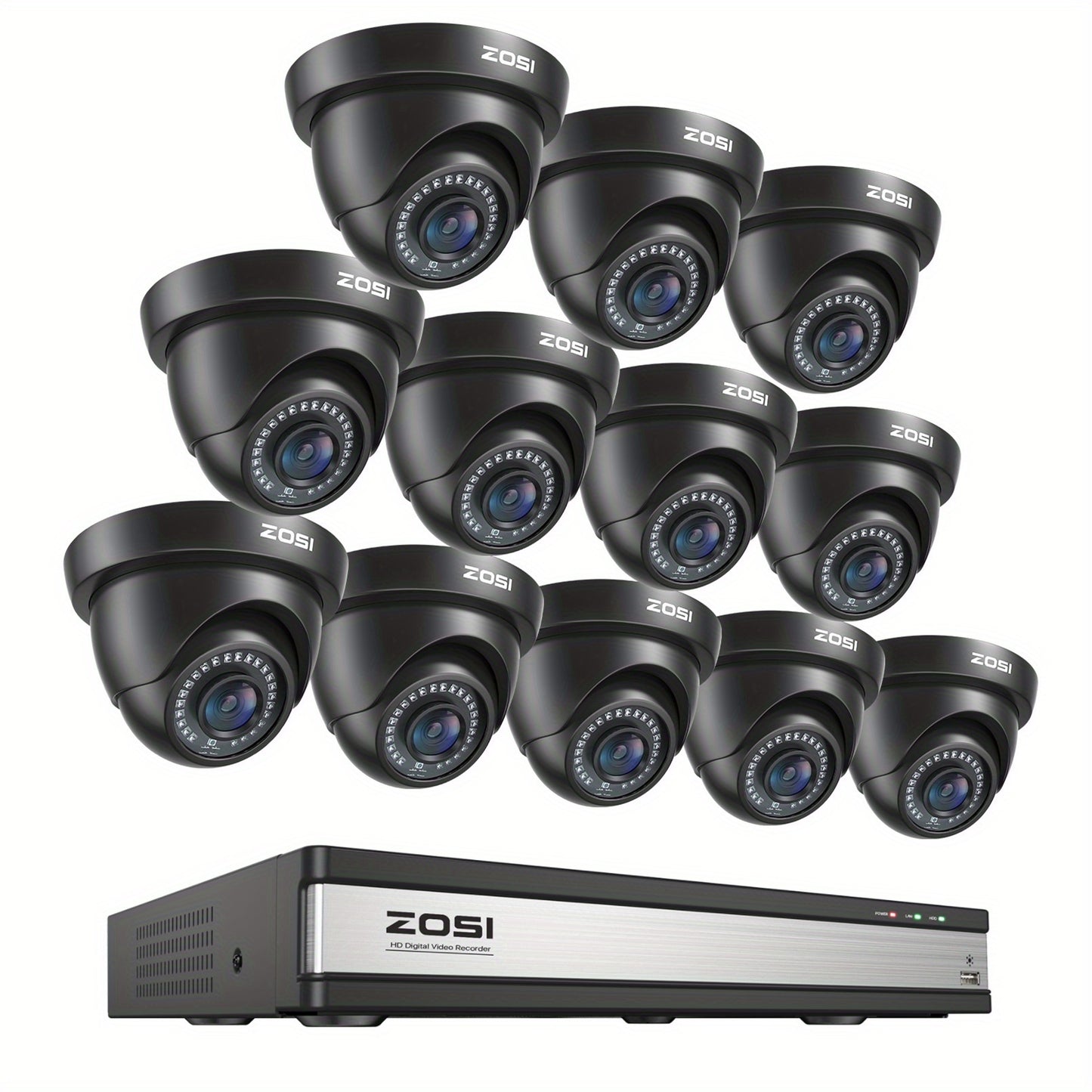 ZOSI 16CH Security Camera System with 12X 1080P FHD CCTV Camera Outdoor Indoor with 80ft Night Vision, AI Human Vehicle Detection, 90°Wide Angle, Property Protection, Monitoring, Compact Design, Highdefinition Video, Shockpr