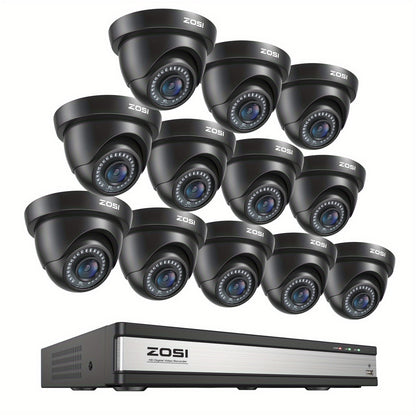 ZOSI 16CH Security Camera System with 12X 1080P FHD CCTV Camera Outdoor Indoor with 80ft Night Vision, AI Human Vehicle Detection, 90°Wide Angle, Property Protection, Monitoring, Compact Design, Highdefinition Video, Shockpr