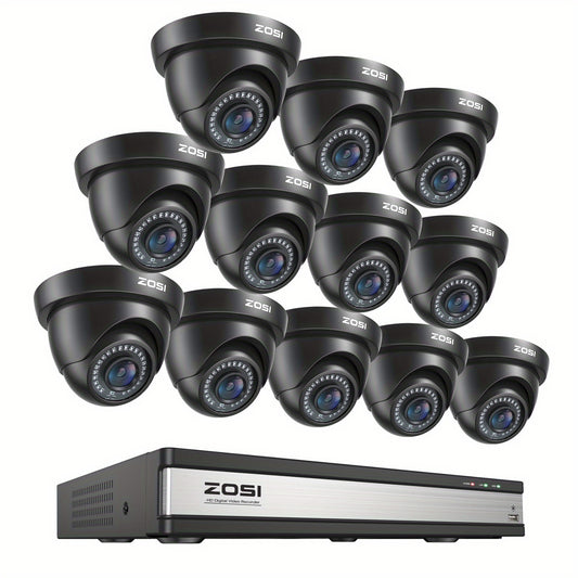 ZOSI 16CH Security Camera System with 12X 1080P FHD CCTV Camera Outdoor Indoor with 80ft Night Vision, AI Human Vehicle Detection, 90°Wide Angle, Property Protection, Monitoring, Compact Design, Highdefinition Video, Shockpr