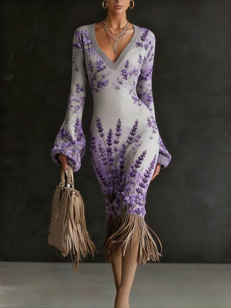Autumn And Winter New Cross-border European And American Style Flower Dress, Loose V-neck Long Sleeves, Retro Tassel Decoration Exquisite Printing, Skin-friendly Pendant Without Wrinkle, Daily Dating Commuting Versatile Cross