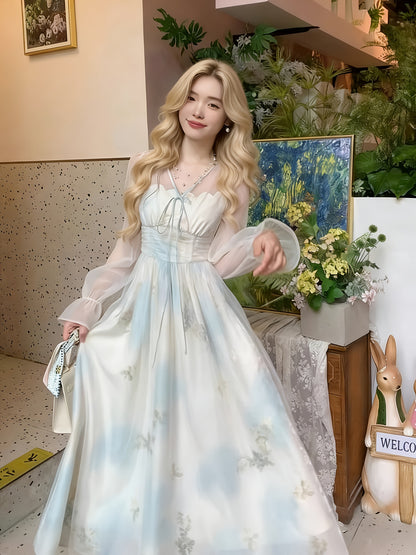 Elegant Julie French New Style Dress | Mint Temperament, Gentle Tulle with Cloud Print, Tie Waist Design, Off the Shoulder, Perfect for Spring/Summer/Fall