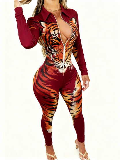 Women'S 4-Season Long Sleeve Jumpsuit | Zipper Design, Lightweight Style with Cute Animal Print, Perfect for Daily Outings & Casual Wear