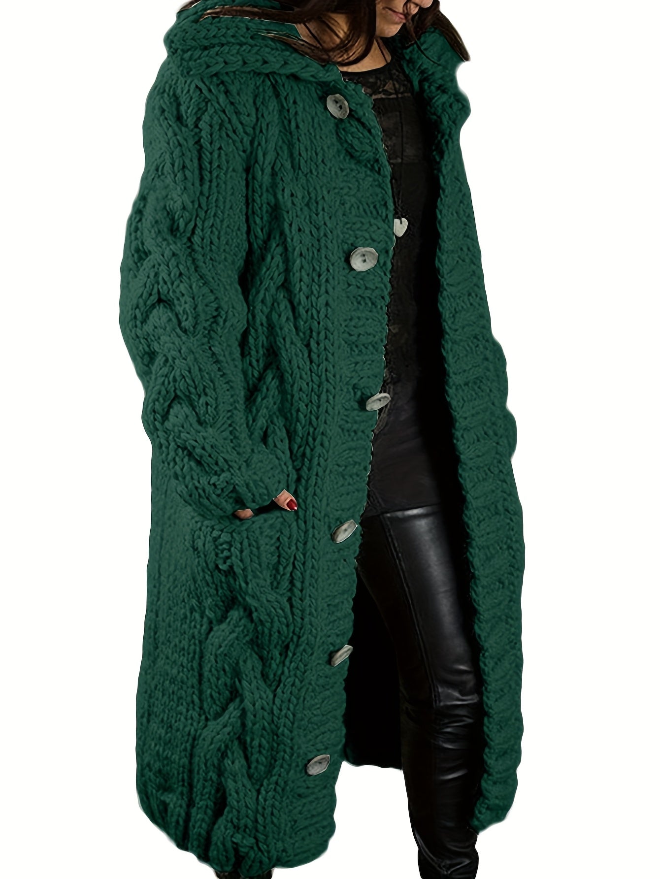 Plus Size - Cardigan for Women in Fall And Winter - Casual Plus Size, Oversized Design with Long Sleeves Featuring a Cable Pattern, Single Row of Buttons, Pockets, And a Long Length. Made from Soft Fabric, It Can Be Hand Wash
