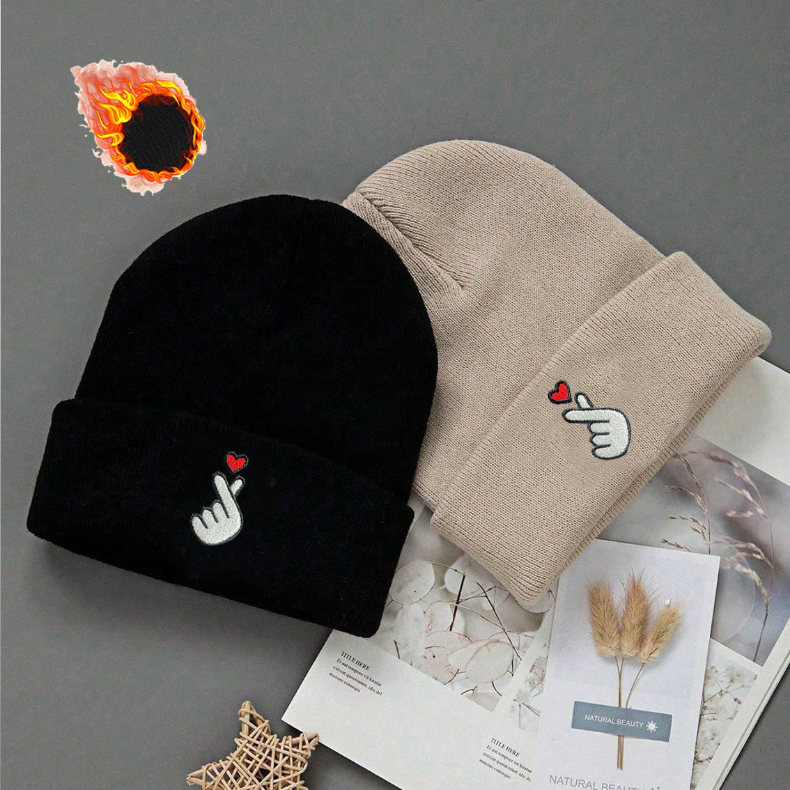 3-Pack White/Grey/Black Beanie Hats with Heart & Thumbs Up Hands Logo - Lightweight Stretch Winter Caps for Men & Women, Unisex Foldable Warm Beanies for Skiing, Outdoor Activities, Parties (Easy-Care, One Size Fits All)