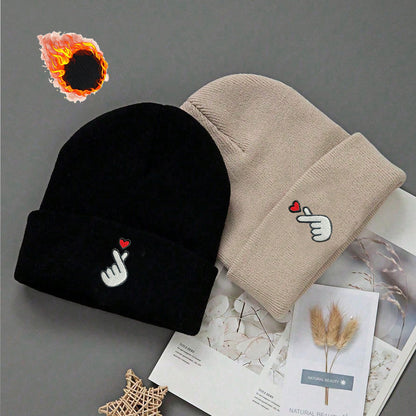 3-Pack White/Grey/Black Beanie Hats with Heart & Thumbs Up Hands Logo - Lightweight Stretch Winter Caps for Men & Women, Unisex Foldable Warm Beanies for Skiing, Outdoor Activities, Parties (Easy-Care, One Size Fits All)
