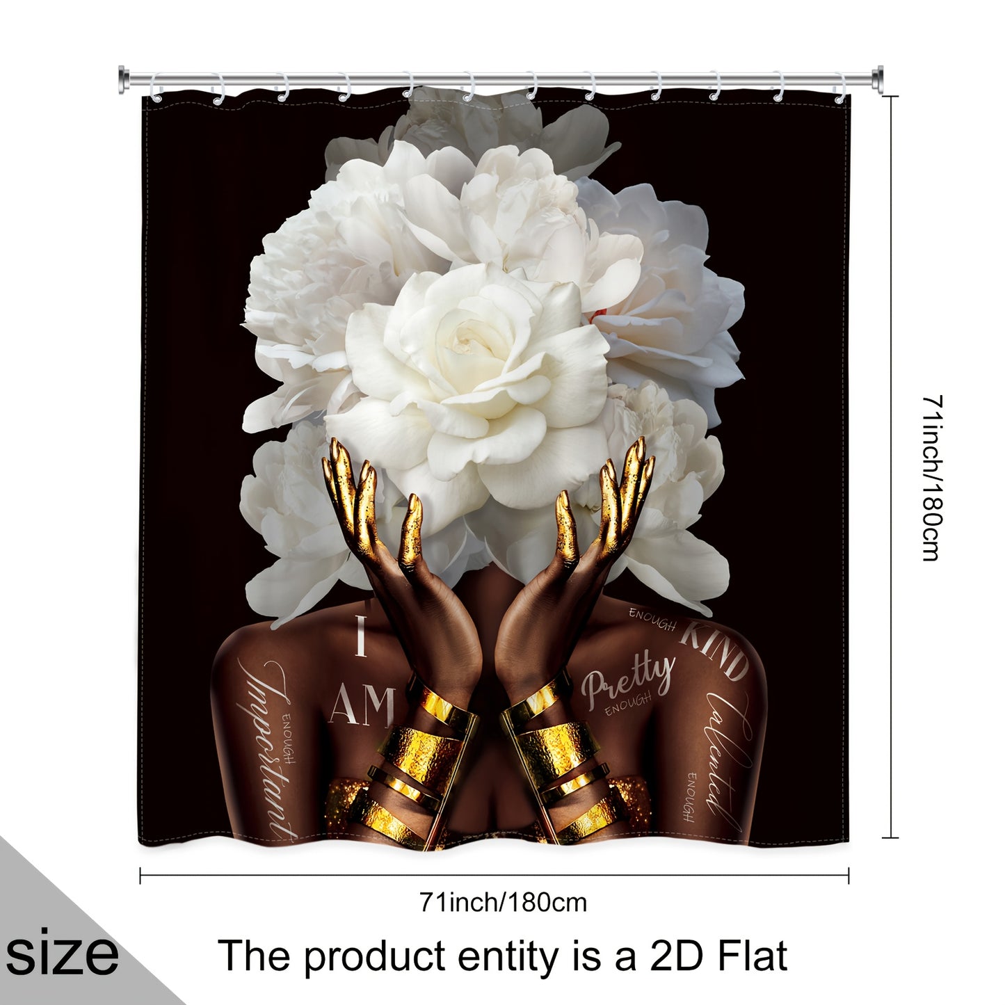 1pc or 4pcs African American Woman Floral Shower Curtain Set with 12 Hooks - Modern Black & White Peony Flower Design, Empowering "I Am Beautiful" Quote Bathroom Decor, Non-Slip Bath Mat, U-Shaped Toilet Mat & Cover Mat - Mac