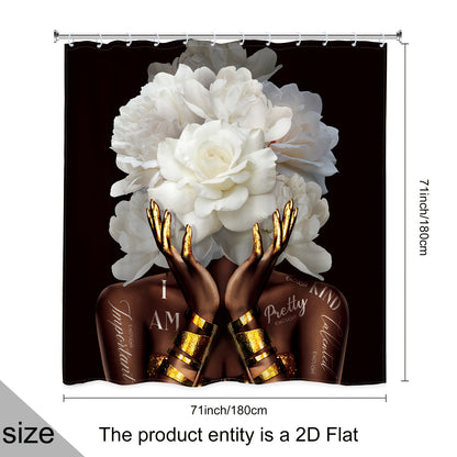1pc or 4pcs African American Woman Floral Shower Curtain Set with 12 Hooks - Modern Black & White Peony Flower Design, Empowering "I Am Beautiful" Quote Bathroom Decor, Non-Slip Bath Mat, U-Shaped Toilet Mat & Cover Mat - Mac