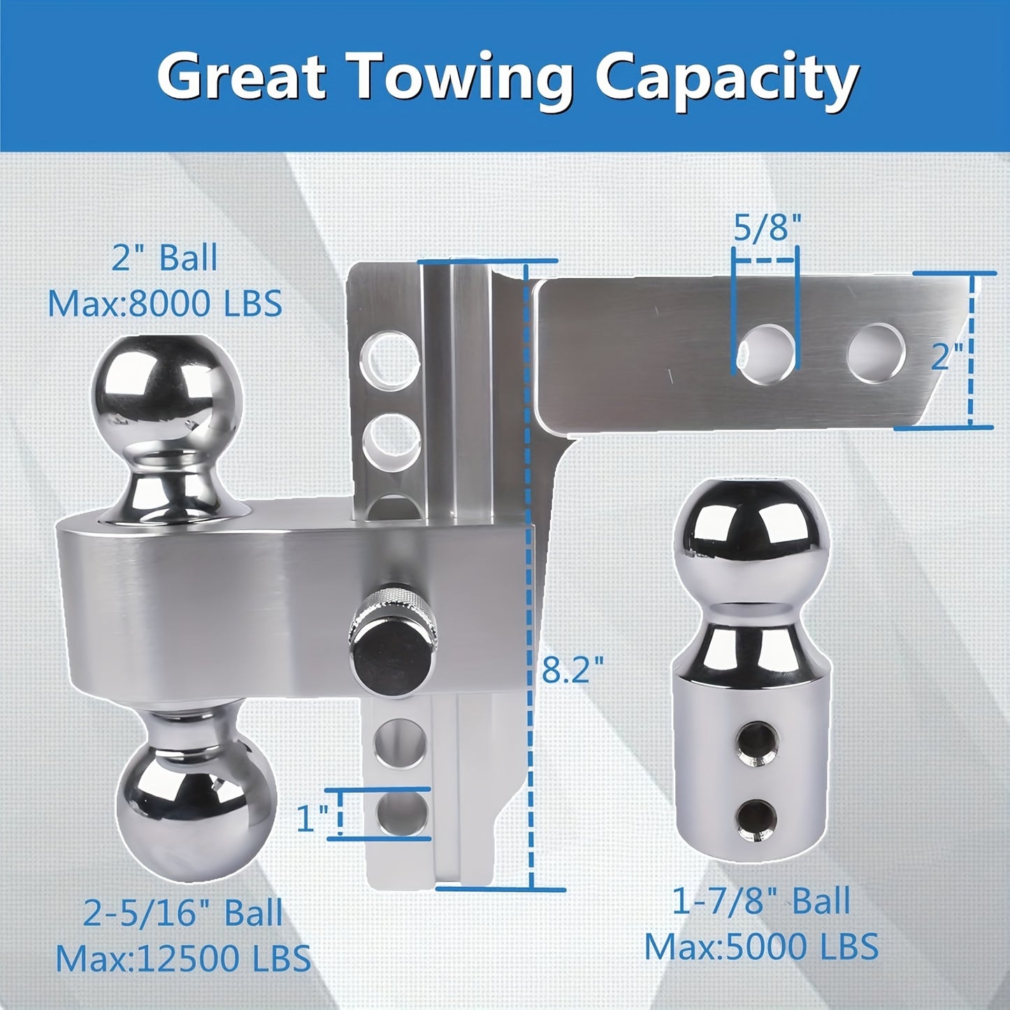 Adjustable Trailer Hitch Fits 2-Inch Receiver, 6/8Inch Drop Hitch Heavy Duty Aluminum Drop Hitch | Tri-Ball (1-7/8" X 2" X 2-5/16") With Dual Pin Key Locks And 15000 LBS GTW-Truck Trailer Hitch, Heavy Duty Solid Ball Mount, S