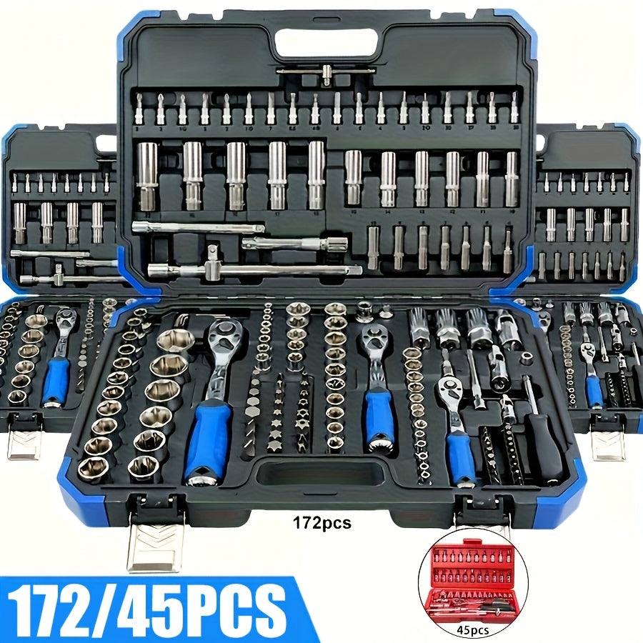 172/45pcs Professional Auto Repair Kit, Ratchet Wrench Set, Torque Wrench, 1/2 *1/4" 3/8" Drive Depth And Standard Sleeve, Auto Repair And Household Machine Tool Set, Suitable for Car And Bicycle Repair Tools