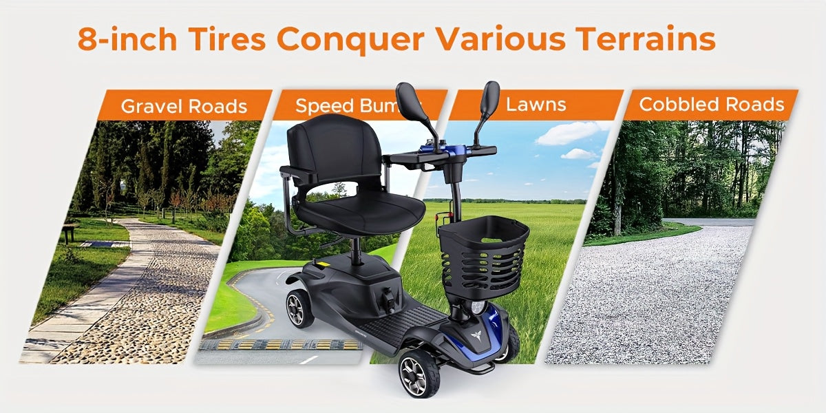 New 4-Wheel Mobility Scooter, 250W Motor, 5.6MPH Speed, 24V 12AH Battery, Solid 8"x3" Tires, Rearview Mirrors, Dual Baskets, Foldable & Adjustable Design, Easy To Control, Ideal For Daily Use And Outdoor Adventures, Blue