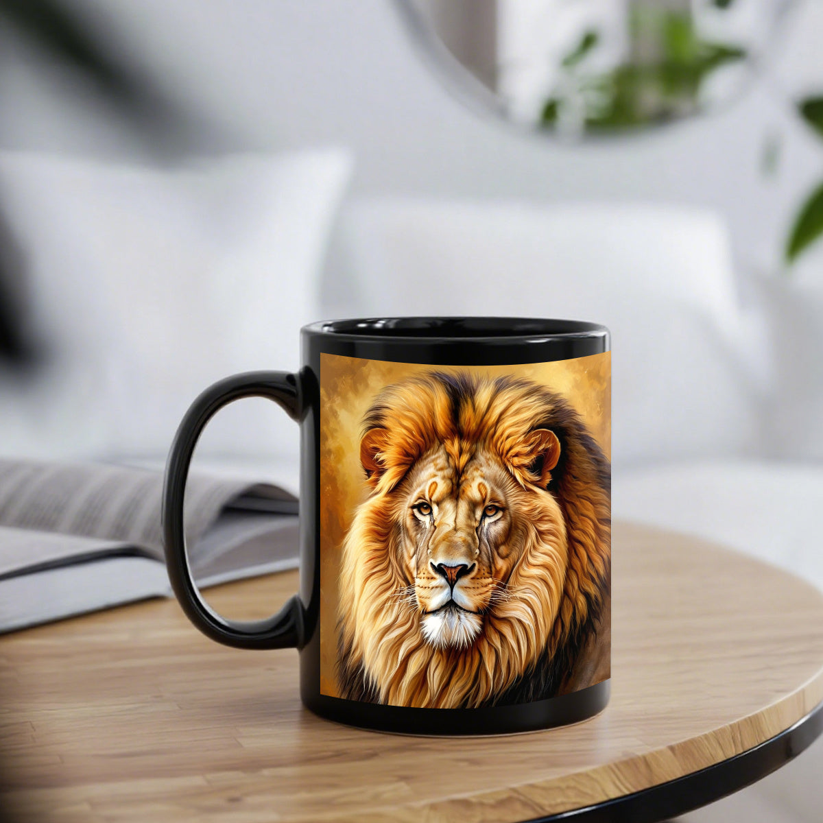 1pc Lion Design Mug - Elegant Lion Face Coffee Cup with Black Interior, 11oz Heavy-Duty Ceramic Cup for Hot/Cold Drinks, Birthday/Anniversary Gifts, Home, Office, or Kitchen - Lion Lovers Gift (Men & Women) - Durable & Easy-C