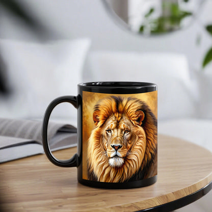 1pc Lion Design Mug - Elegant Lion Face Coffee Cup with Black Interior, 11oz Heavy-Duty Ceramic Cup for Hot/Cold Drinks, Birthday/Anniversary Gifts, Home, Office, or Kitchen - Lion Lovers Gift (Men & Women) - Durable & Easy-C