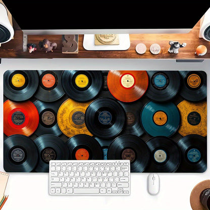 Large Music-Themed Vinyl Record Mouse Pad - Black, Yellow, Red & White Design with "Vinyl" Text, Non-Slip Rubber Base, Washable Polyester Surface, Perfect for Office, Home, Gaming & Study - Ideal Gift for Music Lovers, Music