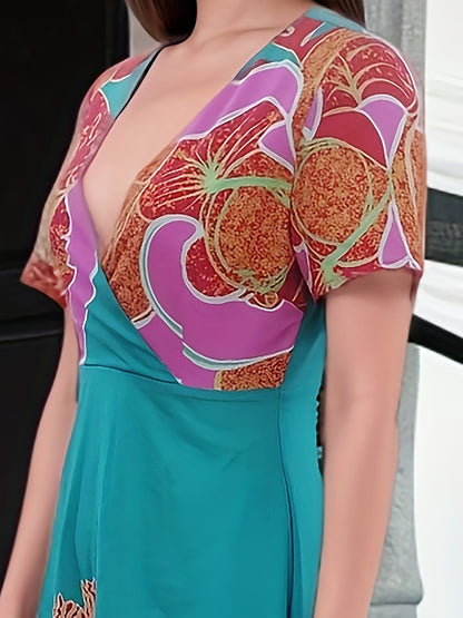 Floral Print V Neck Dress - Elegant Short Sleeve A-line Flowy Dress for Spring & Summer - Women's Clothing - For Women - Perfect for Casual Occasions, Parties & Dates - Ideal Gift for Her
