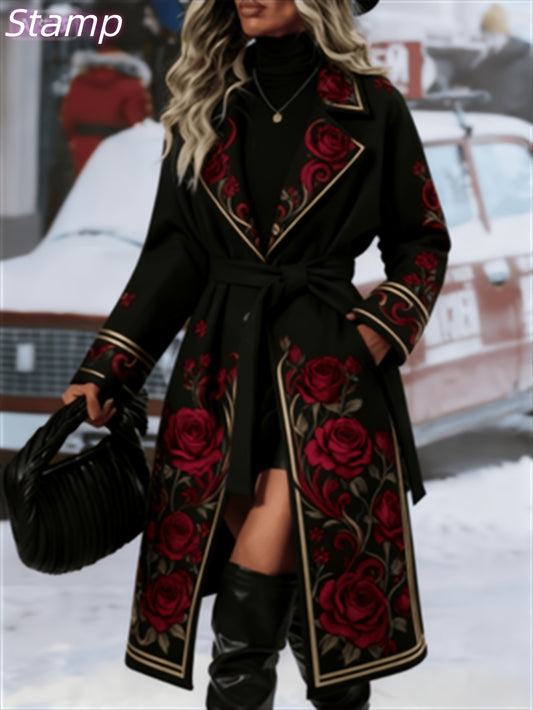 Winter New Arrival: Stylish and Minimalist - Long Women'S Warm Trench Coat | Double-breasted - Design with Waist Belt, Vintage Vine Print, Warm and Comfortable - Casual Style by SCACTO