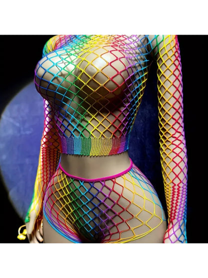 1 set of Women's sexy lingerie set, bright fishnet top, Women's bright rainbow fishnet top, hollow design, elastic nylon, see-through beachwear and swimwear, for music festivals, vacations and summer outings