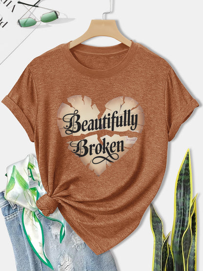 Women'S Olive Green Butterfly & Heart Print "Beautifully Broken" T-Shirt - Casual Streetwear Round Neck Short Sleeve Top, Breathable All-Season Comfort Fit for Gym, Training & Casual Attire with Motivational Slogan Design, Lo