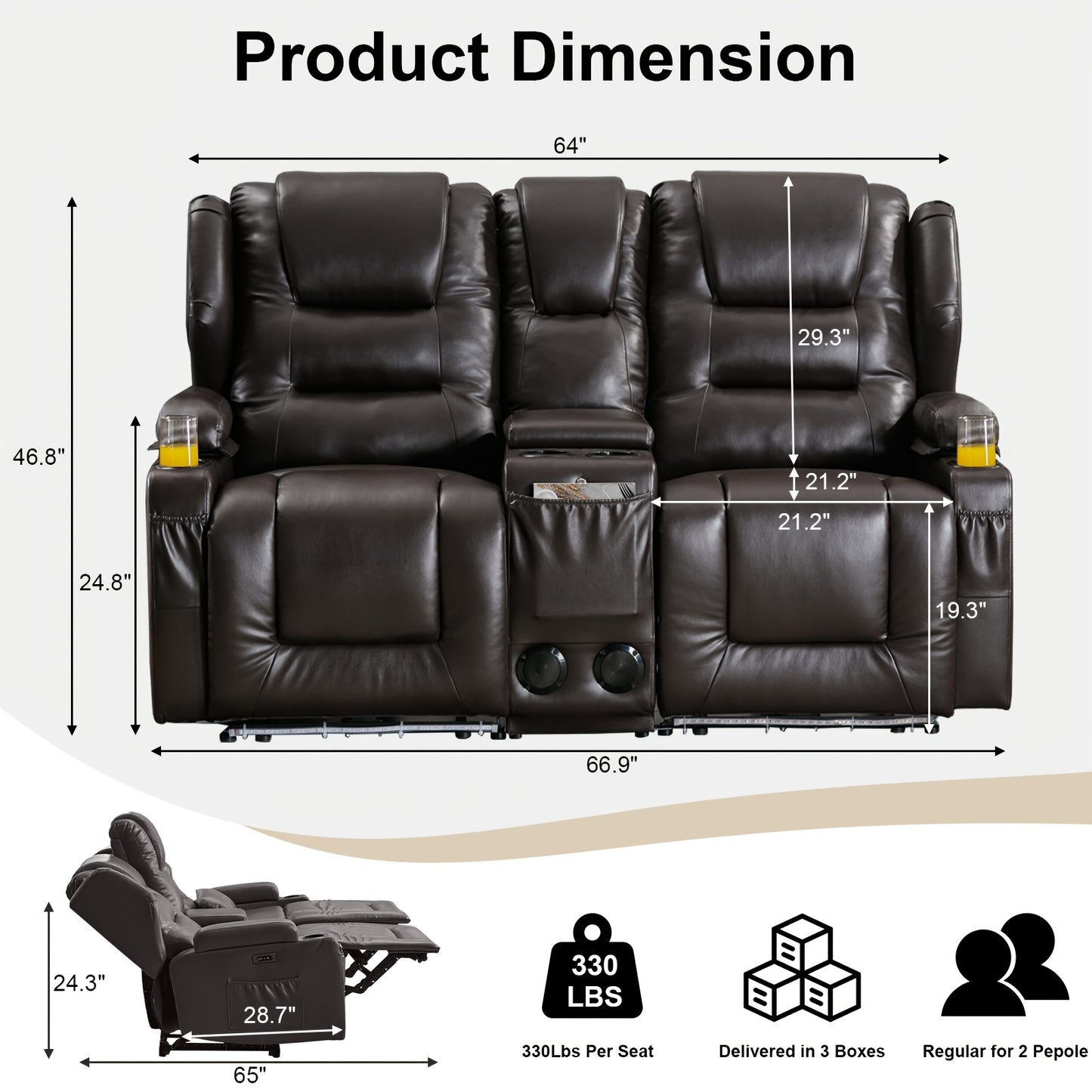 Power Loveseat Recliner With LED Lighting, Home Theater Seating Sofa With Storage & Cup Holders For Living Room RV, Faux Leather