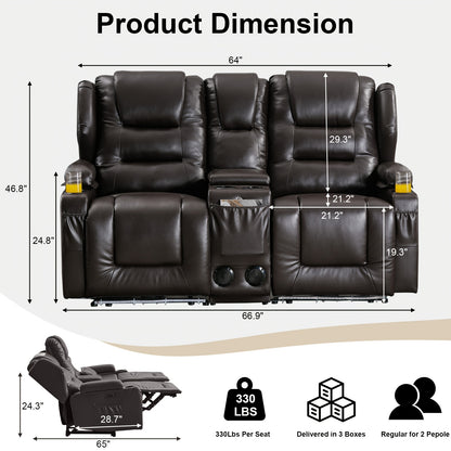 Power Loveseat Recliner With LED Lighting, Home Theater Seating Sofa With Storage & Cup Holders For Living Room RV, Faux Leather