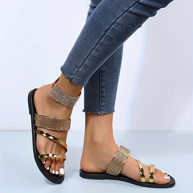 Glittering Rhinestone Sandals for Ladies - Comfortable Open-Toe Flats Suitable for Both Indoor And Outdoor Use.