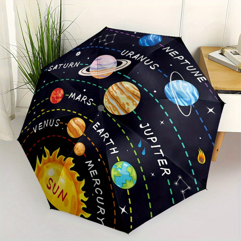 Automatic Open/Close Umbrella with One-Touch Button - Solar System Design (Planets, Stars) - Compact Folding Umbrella with 8-Rib Strong Frame - All-Season Portable Umbrella for Travel, School, Office, Gifts - Space-Themed Dec