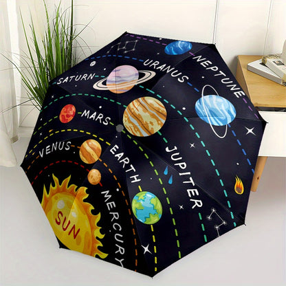 Automatic Open/Close Umbrella with One-Touch Button - Solar System Design (Planets, Stars) - Compact Folding Umbrella with 8-Rib Strong Frame - All-Season Portable Umbrella for Travel, School, Office, Gifts - Space-Themed Dec