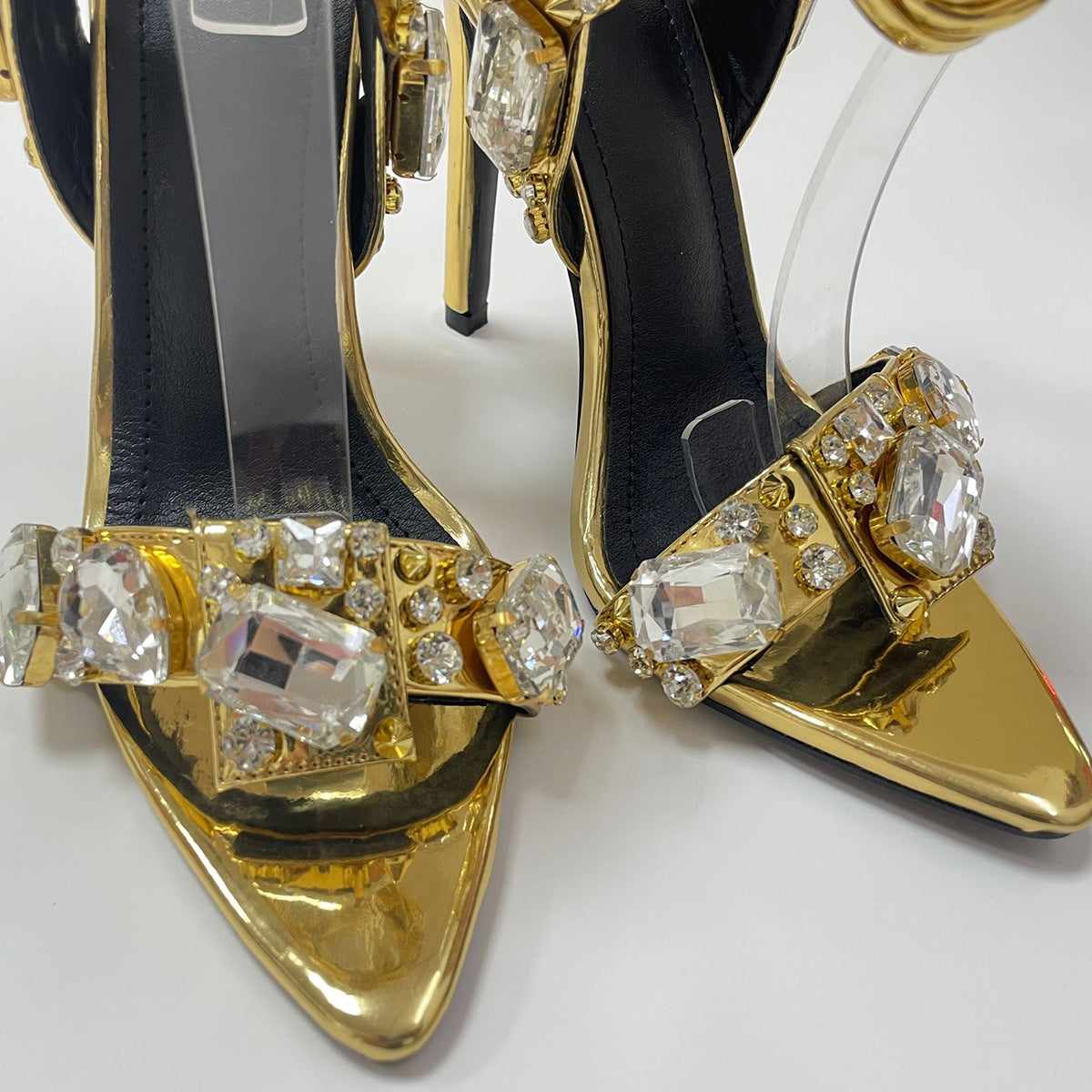 Women'S Rhinestone-Adorned Cross Strap Open-Toe High Heel Sandals - Ultra-High Stiletto Heels, PU Cover Upper & Lining, European & American Style Elegant Party & Formal Dress Shoes with Cushioned Insole, Durable Rubber Sole -