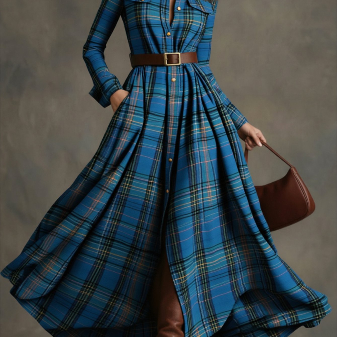Royal Blue Plaid Waist-Tied Maxi Dress | Retro Eye-Catching Casual Style, a Standout Piece for Date Commutes and Casual Occasions