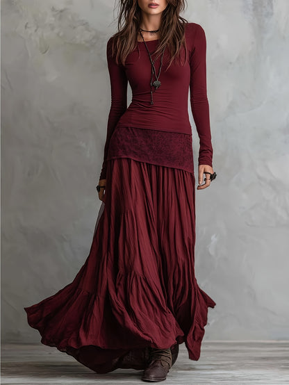 Burgundy Long-Sleeve T-Shirt + Full-Skirted Maxi Dress Two-Piece Set for Women | Soft Vintage Relaxed Vibe Suitable for Everyday Outings & Casual Dates