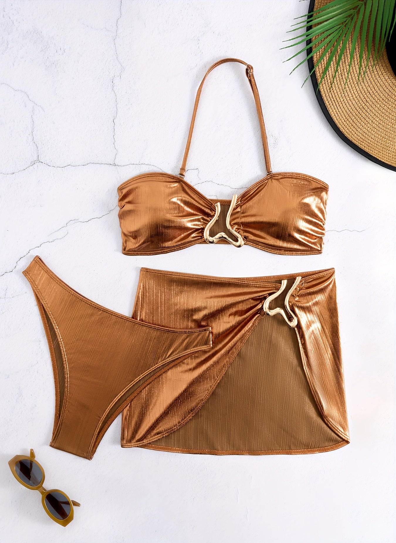 (110) Women's Stylish And Sexy Bronze-Colored Bikini Swimsuit Set of Three