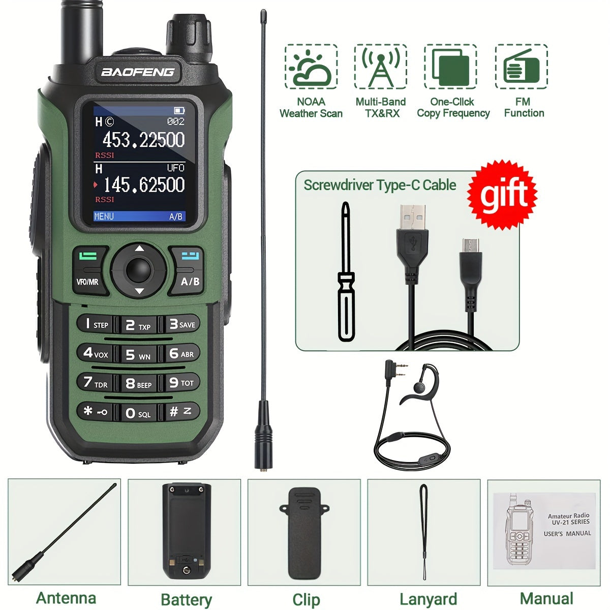 BaoFeng UV-21R Ham Radio Handheld Two-Way Radio - Long Range UHF/VHF Dual Band Walkie Talkie with Type-C Charging, 999 Channels, NOAA Weather Alerts, USB/Battery Powered, Compatible with UV-5R - for Camping, Construction, Eve