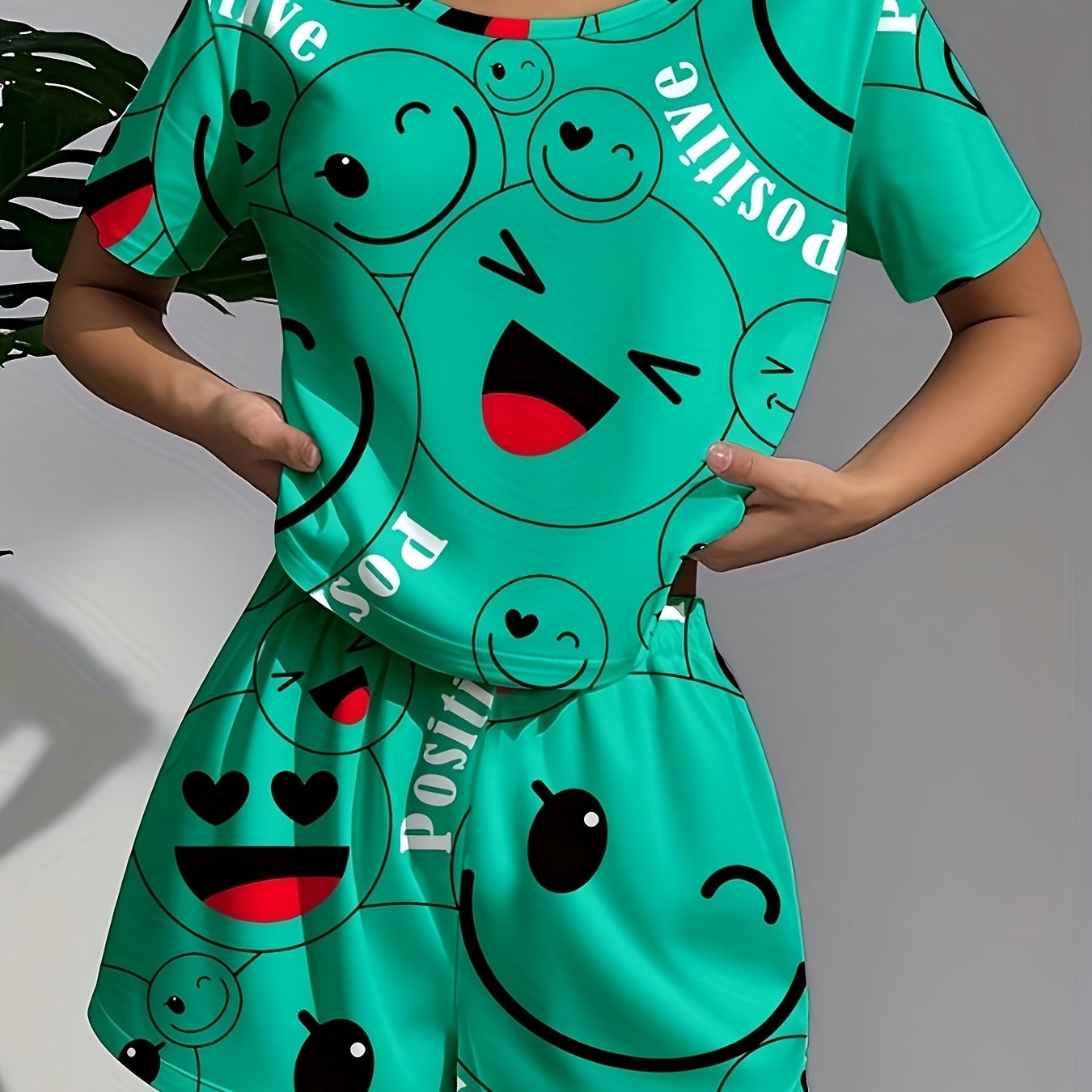 Women's Pajamas Women's Casual Sleepwear Happy Theme Patterned Pajama Set, Soft Loose Fit Short Sleeve Top with Elastic Pants, Machine Washable and Dry Cleanable, Perfect Sleeping Choice