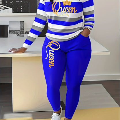 Women's Striped Long Sleeve Pants Set, Queen Letter Print, Pants with Pockets
