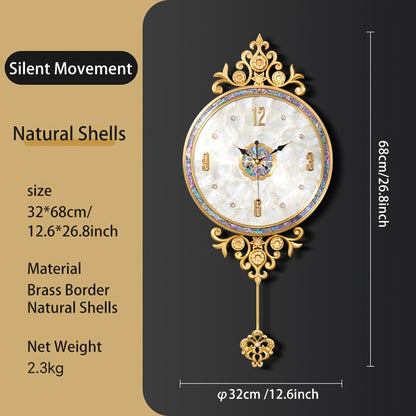 American Brass Natural Seashell Silent Wall Clock - Nautical-Themed Digital Display with Golden-Tone Crown Design, Atomic Movement, AA Batteries Not Included for Coastal Home Decor, Intricate Shell Motifs, Sea Shell Decor