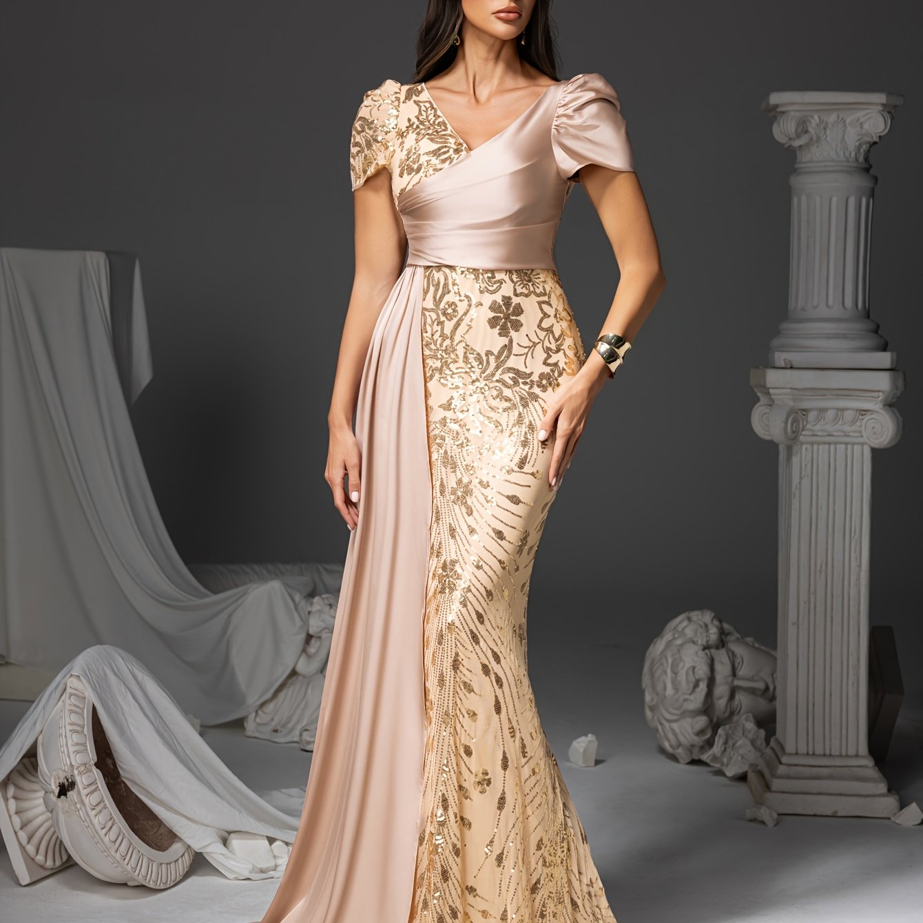 [V-Neck Puff Sleeves] Elegant Champagne Floral Print Mermaid Dress with Sequin Detailing, V-Neck & Puff Sleeves - Long Formal Gown for Weddings, Parties, and Special Occasions, Wedding Guest Dress | Vneck Dress | Sequin Embel