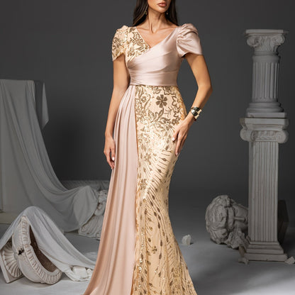 [V-Neck Puff Sleeves] Elegant Champagne Floral Print Mermaid Dress with Sequin Detailing, V-Neck & Puff Sleeves - Long Formal Gown for Weddings, Parties, and Special Occasions, Wedding Guest Dress | Vneck Dress | Sequin Embel