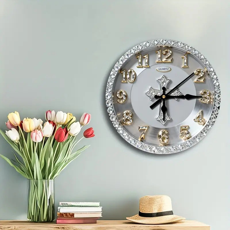 1pc 2D plane wall-mounted clock decoration, 10/12inch The silver circular wall clock has no diamonds word wooden circular wall-mounted clock, wooden circular decorative clock with digital display, suitable for home decoration