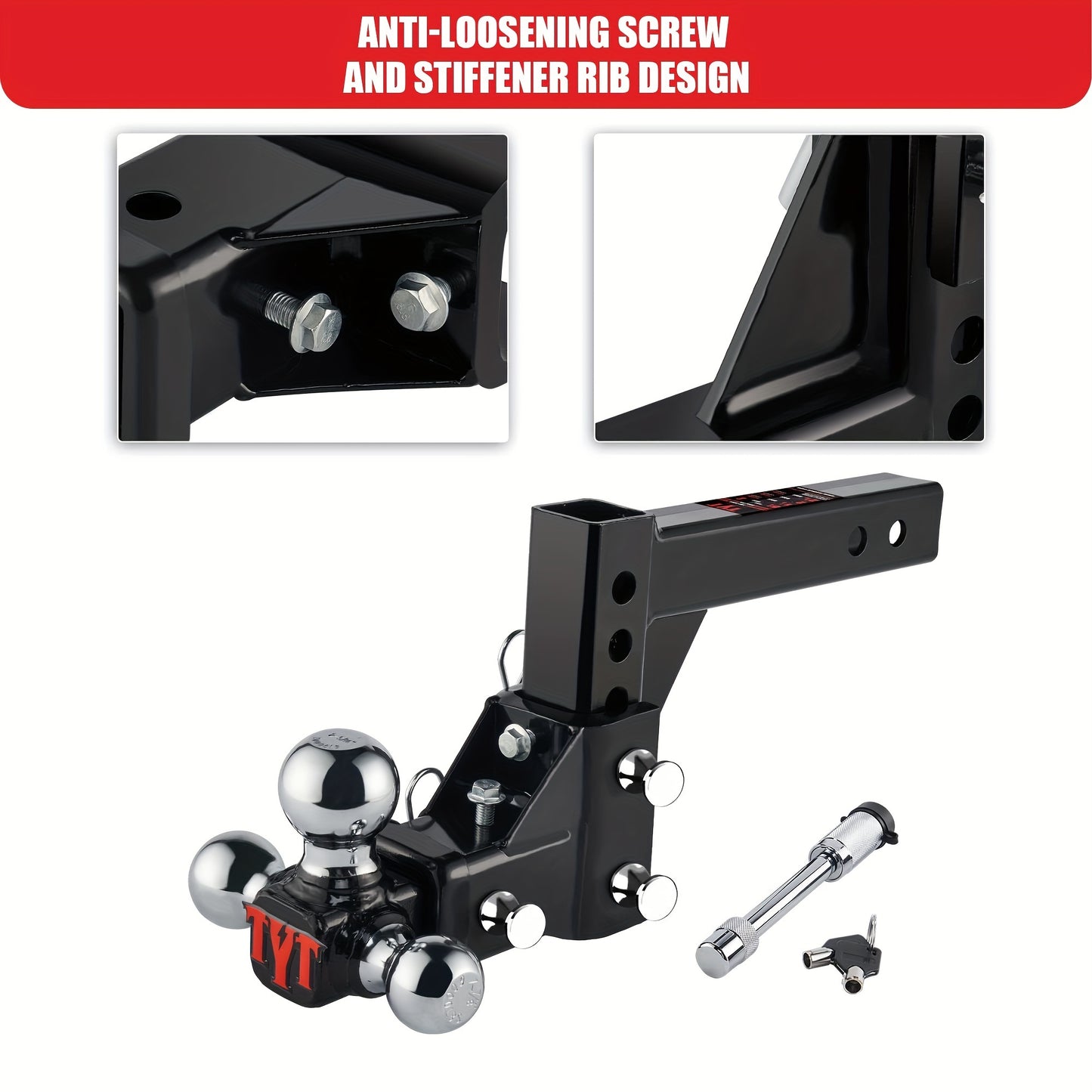 TYT Adjustable Trailer Hitch Ball Mount, Tri-Ball (1-7/8'' X 2'' X 2-5/16''), Fits 2'' Receiver, 5'' Rise/Drop Hitch, Hitch for Heavy Duty Truck, Solid Ball Mount, 10000 LBS GTW, BLACK