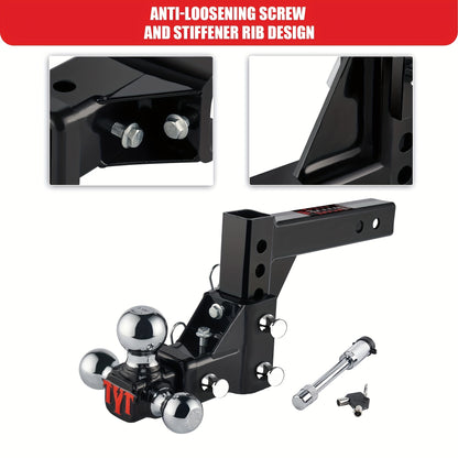 TYT Adjustable Trailer Hitch Ball Mount, Tri-Ball (1-7/8'' X 2'' X 2-5/16''), Fits 2'' Receiver, 5'' Rise/Drop Hitch, Hitch for Heavy Duty Truck, Solid Ball Mount, 10000 LBS GTW, BLACK