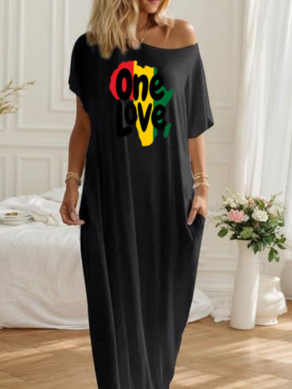 Comfortable Loose Casual Pocket Dress - "One Love" Jamaica Style Pattern Off Shoulder Relaxed Dress
