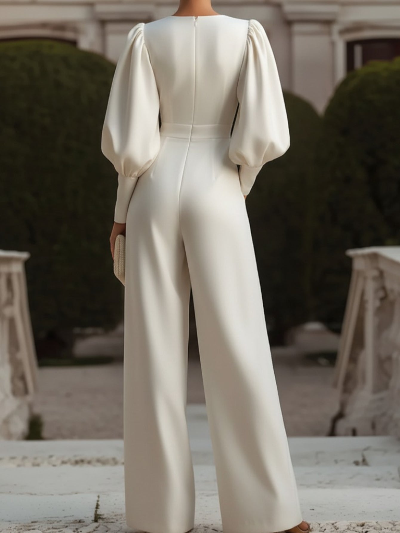 Women' Champagne Lace & Satin Jumpsuit - Retro Deep Bubble Sleeve Wedding Suit, Luxurious Formal Evening Gown for Weddings, Banquets, Autumn/Winter Events (Hand Washable, No alterations) | Champagne color, -Piece