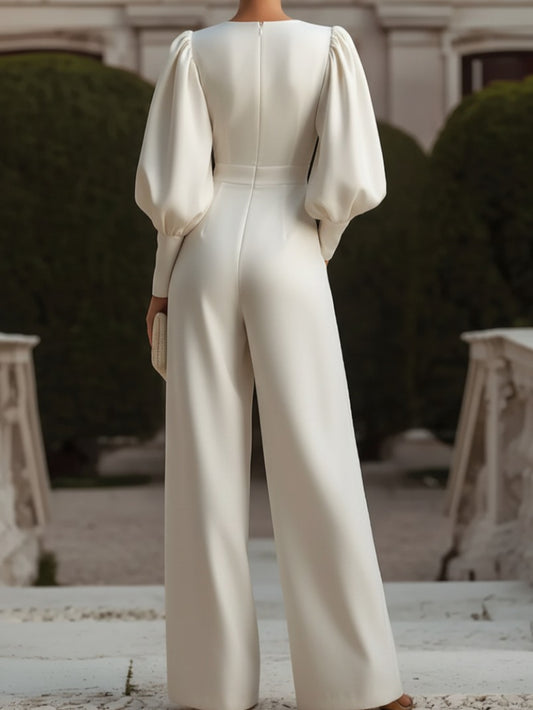 Women' Champagne Lace & Satin Jumpsuit - Retro Deep Bubble Sleeve Wedding Suit, Luxurious Formal Evening Gown for Weddings, Banquets, Autumn/Winter Events (Hand Washable, No alterations) | Champagne color, -Piece