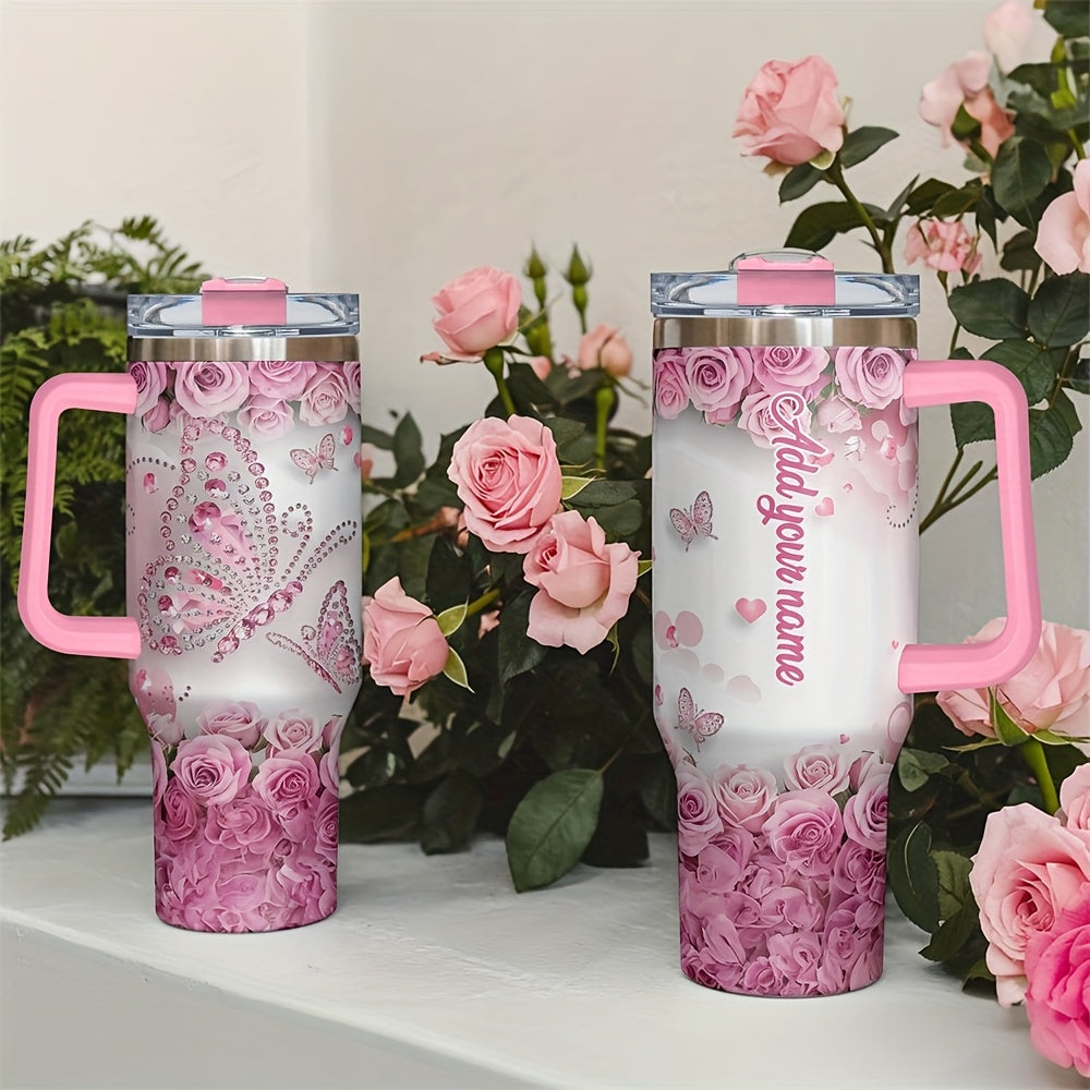 One Personalized 40Oz Tumbler Featuring a Lid And a Butterfly Design, Customized with a Name. This Stainless Steel Water Bottle Is Insulated And Built to Last, Making It a Perfect Gift for Various Occasions Such As Birthdays,
