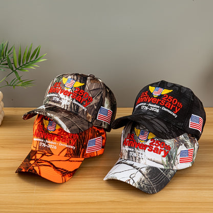 250th Anniversary Edition (1975-2025) USA Flag & Camo Baseball Cap - Unisex Adjustable Retro 3D Embroidery Hat with 250/225/200/150/125 Year Badge, Lightweight Snapback for Men & Women, July 4th Independence Day Collectible,